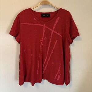 Ozai N Ku Women's T-shirt Top Lagenlook Art to Wear Red Linen Blend 2XL